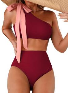 lot 1075 image: Herseas Womens Bikini Sets Two Piece One Shoulder Pink Tie Bow Teen Swimsuit 2026 Summer Modest Wire Free Soft Breathable Bathing Suit Red Trendy Resort Wear Small