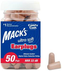 lot 1153 image: Macks Ultra Soft Foam Earplugs, 50 Pair - 33dB Highest NRR, Comfortable Ear Plugs for Sleeping, Snoring, Travel, Concerts, Studying, Loud Noise, Work  Made in USA