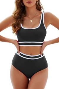 lot 1164 image: Adisputent Womens High Waisted Bikini Color Block Bandeau Crop Top Rainbow Sports Style Scoop Neck Swimsuits Two Piece Bathing Suits Black White M