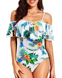 lot 1174 image: Tempt Me Green Pineapple Off Shoulder One Piece Swimsuit for Women Ruffled Sleeves Retro Bathing Suits Flounce Printed Swimwear L (STOCK PHOTO NOT EXACT - BLACK BACKGROUND)