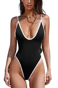 lot 1255 image: ESONLAR Womens Sexy Plunging V Neck Bathing Suit Open Back Contrast Color One Piece Swimsuits Black & White M
