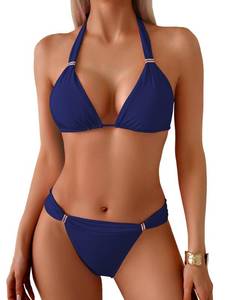 lot 1275 image: TASHEHE Womens Triangle Ruched Bikini Set Sexy Two Piece Swimsuit Halter Sliding Rings Bathing Suit - 508  Navy Blue - Large