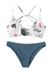 lot 1279 image: SweatyRocks Womens Sexy Bathing Suit Floral Print Cross Back Bikini Set Swimsuits White-1 XL