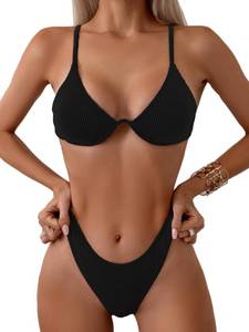 lot 1301 image: Fanuerg Women Underwire Triangle Bikini Spaghetti Strap Push Up Swimsuit Cheeky Two Piece Bathing Suit Black XS - Retail $30