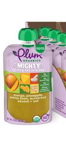 lot 1328 image: Plum Organics - 12 Months Organic Baby Food - Mango, Pineapple, White Bean, Butternut Squash & Oat - Non-GMO - On-The-Go Pouches for Baby & Toddler - Quality Tested Ingredients - 3.75 oz (Pack Of 6) - Retail $18