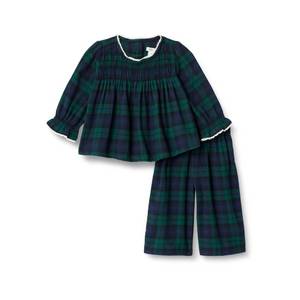 lot 1345 image: Amazon Essentials x Sofia Grainge Baby Girls Long Sleeve Flannel Set, Dark Emerald Green Deep Blue Plaid, 24 Months - Retail $20