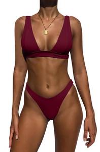lot 1355 image: Bathing Suits for Women Deep V Neck Sexy Two Piece Bikini Sets for Women Thong Halter Cheeky Swimsuit (US, Alpha, Small, Regular, Regular, Wine Red) - Retail $31