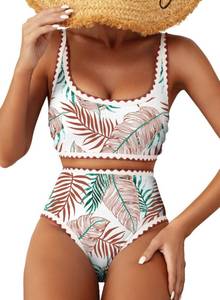 lot 1391 image: Herseas Bikini Sets for Women Contrast Binding Cute All Over Leaf Print Swim Suits 2026 Summer Tummy Control Scoop Modest Bathing Suits Fashionable Cruise Essentials Small - Retail $24