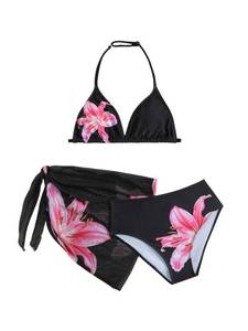 lot 1413 image: RoseSeek Girls 3 Piece Swimsuits Floral High Waisted Bikini Bathing Suit with Mesh Coverups Skirt Black and Pink 11 Years - Retail $30
