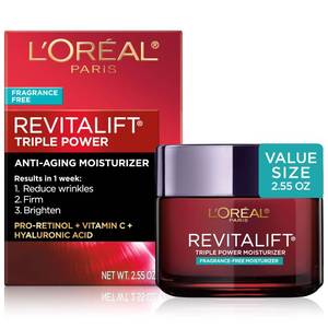 lot 1415 image: LOreal Paris Revitalift Triple Power Anti-Aging Face Moisturizer, Fragrance Free, Pro Retinol, Hyaluronic Acid & Vitamin C to Reduce Wrinkles, Firm & Brighten Skin, 2.55 Oz - Retail $36