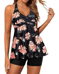 lot 1425 image: Yonique Two Piece Tankini Swimsuits for Women with Shorts Halter V Neck Bathing Suits Flowy Twist Front Swimwear Pink XS - Retail $28
