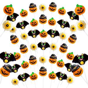 lot 1428 image: Trick or Treat - 32 Halloween Candy Lollipops Bulk, Hatted Jack-O-Lantern, Creepy Eyeball, Flying Bat and Pumpkin-Shaped Suckers Individually Wrapped Lollipop, Halloween Treats Assorted Fruit Flavors - Retail $10