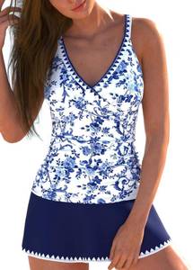 lot 1431 image: ROSEWE Two Piece Tankini Swimsuits for Women, Tummy Control Bathing Suit with Skirt, V-Neck Swimdress Navy Blue - Retail $41