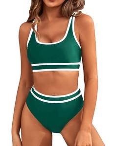lot 1438 image: BMJL Womens High Waisted Bikini Sets Sporty Two Piece Swimsuits Color Block Cheeky High Cut Bathing Suits(S,Green) - Retail $33