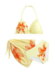 lot 1447 image: RoseSeek Girls 3 Piece Swimsuits Floral High Waisted Bikini Bathing Suit with Mesh Coverups Skirt Yellow 10 Years - Retail $30