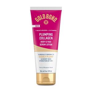 lot 1494 image: Gold Bond Plumping Collagen Body & Face Serum Lotion, Lightweight Hydrating Moisturizer with Collagen Peptide Complex, Jojoba and Grapeseed Oils to Visibly Plump Skin, Cherry Blossom Scent, 8 oz - Retail $12