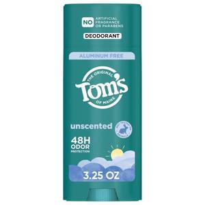 lot 1514 image: Toms of Maine Unscented Natural Deodorant for Men and Women, Aluminum Free, No Artificial Fragrances, Dyes, or Preservatives, Baking Soda Free, 48 Hour Odor Protection, 3.25 oz - Retail $8