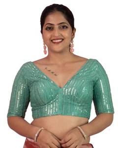 lot 1524 image: FIGURES Womens Sequin Embroidered V Neck Elbow Half Sleeve Readymade Saree Blouse Ethnic Stitched Plus Size Top Padded Lavender Pink Blue Silver Black Gold Red Green E1 (SEA Green, 46) - Retail $40