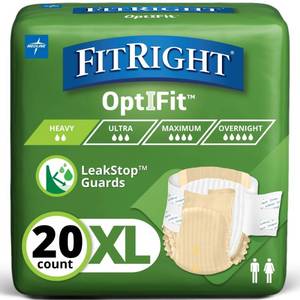 lot 1528 image: FitRight Adult Diapers, Extra Heavy Absorbency, XL (Waist Size 56in-64in), 20 Count, OptiFit Incontinence Briefs for Men and Women, Disposable, Moisture-Wicking, Leak Protection, - Retail $15
