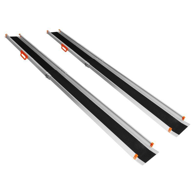 lot 3988 image: PENSUN Adjustable Aluminum Wheelchair Ramp, 4.5-8 FT Folding Non-Slip Aluminum Handicap Ramp, Non-Skid Portable Foldable Wheelchair Ramps for Home Steps, Stairs, Car, Curbs, Doorways Retail- $210