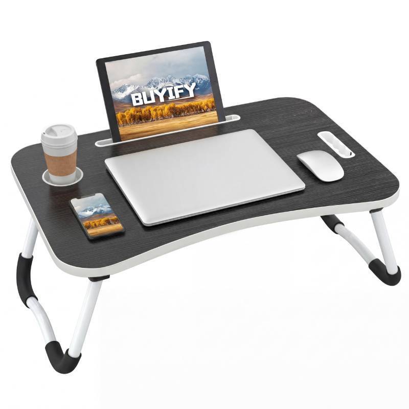 lot 3992 image: BUYIFY Folding Lap Desk, 23 Inch Portable Wood Black Laptop Bed Desk Lap Desk with Cup Holder, for Working Reading Writing, Eating, Watching Movies for Bed Sofa Couch Floor - Retail $30