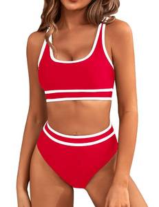lot 4007 image: BMJL Womens High Waisted Bikini Sets Sporty Two Piece Swimsuits Color Block Cheeky High Cut Bathing Suits(L,Red) - Retail $35