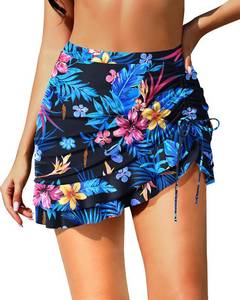 lot 4008 image: Pinup Fashion Swim Skirt Bottoms Women with Built-in Brief Blue Floral High Waisted Drawstring Skirt Bathing Suits M - Retail $25