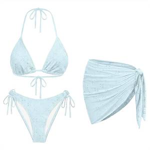 lot 4018 image: Light Blue Women 3 Piece Swimsuits - Sexy Triangle Bikini Sets with Cover Up Halter String Tie Side Bathing Suits M - Retail $28