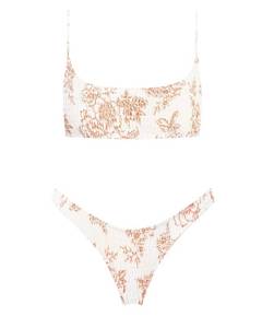 lot 4028 image: VOLAFA Womens Triangle Bikini Set Smocked Textured Scoop Frilled Print Ruched Elastic Swimsuit Two Piece Bathing Suit (Beige, Small)