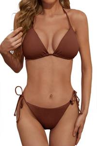 lot 4038 image: Zuvebamyo Womens Two Piece Bikini Swimsuit Sexy Ribbed Triangle Top Bathing Suits String Cheeky Bikini Sets Coffee XS - Retail $28