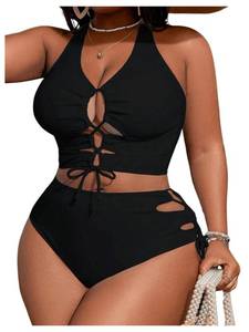 lot 4107 image: SOLY HUX Womens Plus Size Bikini Set Sexy Swimsuit Lace Up Tummy Control 2 Piece Bathing Suit Plain Black 2XL - Retail $36