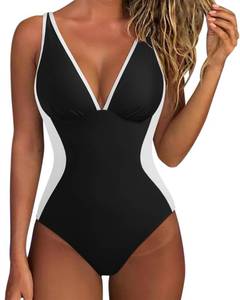 lot 4113 image: SUUKSESS Women One Piece Swimsuit Slimming Tummy Control Swimwear Deep V Neck Color Block Crisscross Back Bathing Suit 2025(Black White��Medium) - Retail $30