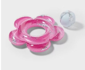 lot 4155 image: Pink Flower Shaped Pool Float with Glitter with Beach Ball  - Retail $8