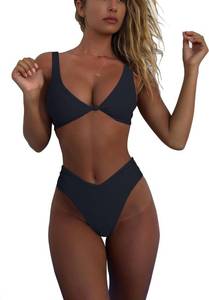 lot 4158 image: geluboao Womens Two Piece Black Swimsuits Sexy V Neck Kont Front Cheeky High Cut High Waisted Thong Bikini Set XL - Retail $31