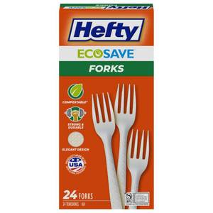 lot 4168 image: Hefty ECOSAVE Compostable Forks, Disposable Forks for BBQs, Tailgates, Camping, Parties, and More, Strong and Durable Construction, Sustainable Design, 24 Count&nbsp