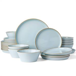 lot 4187 image: Famiware Saturn Stoneware Dinnerware Sets for 8 (24 Pieces), Ceramic Plates and Bowls Dish Sets with Hand-Painted Trim - Chip & Scratch Resistant, Microwave & Dishwasher Safe Tableware, Light Blue - Retail $140