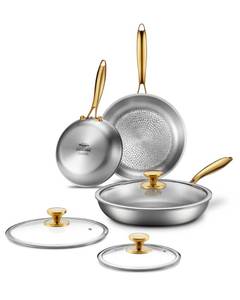 lot 4188 image: Titanium Pans for Cooking  81012 Inch Tagine Pure Titanium Skillet Set with Lids  Hammered Chef-Grade Design  PFASPFOAPTFE-Free  Induction & Oven-Safe, Dishwasher Safe - Retail $288