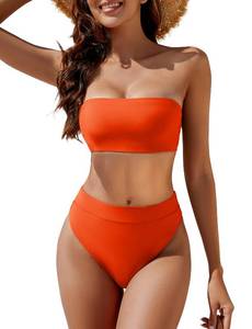 lot 4194 image: YACUN Womens High Waisted Bikini Swimsuit Two Piece Strapless Bandeau Cheeky Bathing Suits Tangelo Orange M - Retail $36