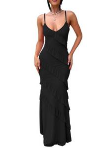 lot 4230 image: HOCILLE Womens Sexy V Neck Backless Bodycon Spaghetti Strap Elegant Ruffle Maxi Cocktail Party Dresses, Medium, Black - Retail $34