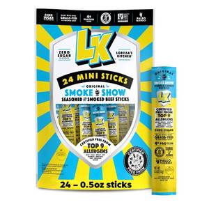 lot 4238 image: Lorissas Kitchen Smoke Show Seasoned & Smoked Mini Beef Sticks - (Pack of 24) 0.5 oz Meat Sticks - Ready to Eat Protein Snacks - Free from Top 9 Allergens - Made with Grass-Fed & Finished Beef - Retail $21