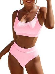 lot 4256 image: Fanuerg Womens Ribbed High Waisted Bikini Sets Scoop Neck Two Piece Swimsuits Spaghetti Strap TextuLight Pink Bathing Suit Light Pink L - Retail $30