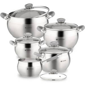 lot 4285 image: Daniks Modern 10-Piece Stainless Steel Cookware Set with Glass Lids, Includes Saucepan, Tri-Ply Bases for Even Heating, Induction Compatible, Dishwasher Safe, Heatproof Handles - Retail $100
