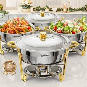 lot 4350 image: Chafing Dishes for Buffet 4 Pack, 6QT Round Chafing Dishes for Buffet Elegant Gold and Silver Colors Stainless Steel Chafing Dish Buffet Set for Any Party - Retail $140