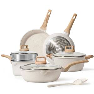 lot 4374 image: CAROTE Pots and Pans Set Nonstick, White Granite Induction Kitchen Cookware Set, 10 Pcs Non Stick Cooking Set wFrying Pans & Saucepans(PFOS, PFOA Free) - Retail $120