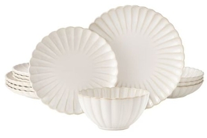 lot 4376 image: The Pioneer Woman Colette 12-Piece Stoneware Dinnerware Set, Cream - Retail $88