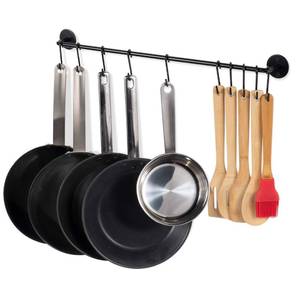 lot 4380 image: Wallniture 24 Gourmet Kitchen Rail for with 10 S Hooks for Hanging Utensils, Pot Pan Lid Rack Storage Organizer Set, Steel, Black - Retail $30