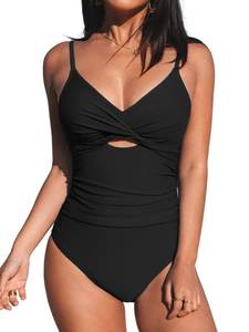 lot 4387 image: CUPSHE One Piece Swimsuit for Women Bathing Suits Twist Front Cutout Adjustable Straps Ruched Swimwear XS, Black - Retail $40