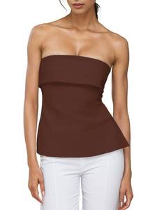lot 4395 image: Strapless Tube Tops for Women Backless Going Out Bandeau Top Sexy Trendy Off Shoulder Side Split Summer Bustier Tops Brown XS - Retail $20