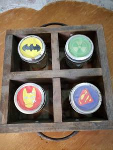 Superhero Mason Jar Set with Wooden Caddy