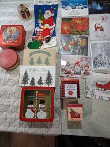 lot 32 image: Christmas Decorative Tin Collection with Greeting Cards and Holiday Items